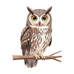 Wise Owl Perched on Branch Vector Illustration - Big Eyed Nocturnal Bird Graphic