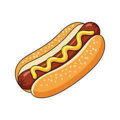 An appetizing cartoon hot dog with mustard, ketchup, and sausage in a bun is isolated as a vector illustration for a fast food meal or snack