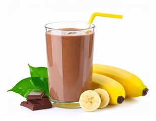 A delicious chocolate banana smoothie is presented in a glass with a yellow straw next to fresh bananas and dark chocolate against a clean white background.