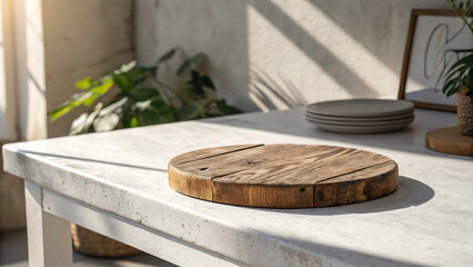 Wooden rustic podium on light