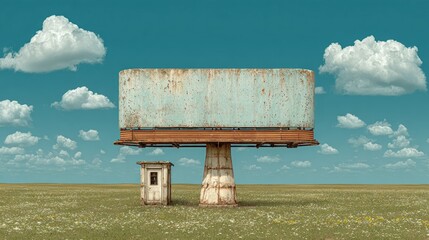 Empty billboard on rusty metal structure in a field under a partly cloudy sky