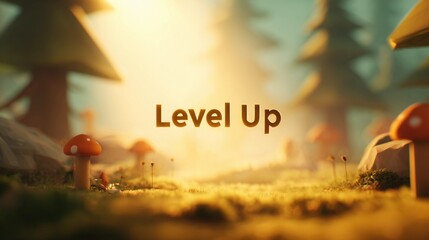 Poster design with "Level Up" text displayed across a softly blurred virtual gaming scene, suited for tech-savvy audiences.