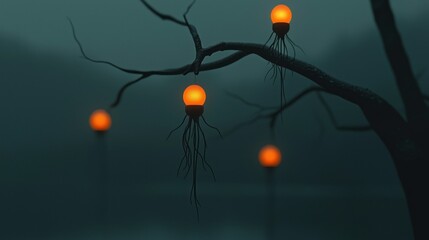 Glowing orbs hang from the branches of a mysterious tree