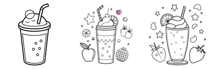 Fruit Smoothie Vector Set: Milkshake, Frappe, Whipped Cream, Drink, Summer, Outline Icon