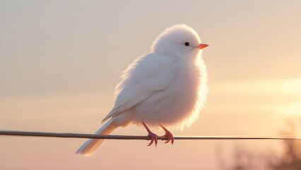 Obraz premium fluffy white bird perched on a thin wire at sunrise, soft golden light illuminating the bird’s feathers