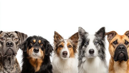 Different Breed of dogs at half below frame isolated on white background , Dog Day concept banner