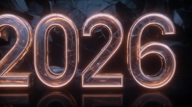 Futuristic 3D rendering of the year 2026 with glowing edges and geometric background