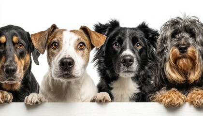 Different Breed of dogs at half below frame isolated on white background , Dog Day concept banner