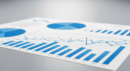 Blue and White Business Report with Bar and Pie Charts on Light Grey Surface for Financial Analysis and Corporate Presentation Data