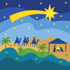 Obraz premium Illustration of full nativity scene including Mary, Joseph and baby Jesus.