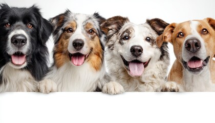 Different Breed of dogs at half below frame isolated on white background , Dog Day concept banner