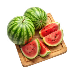 Watermelons and slices on a wooden cutting board, ready to eat on Transparent background PNG