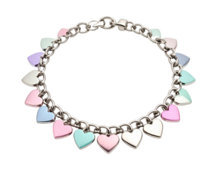 Delicate Silver Chain Bracelet with Pastel Heart Charms PNG