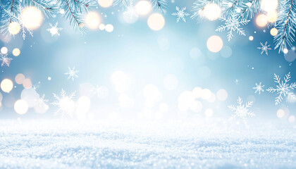 Serene winter scene with snow, pine branches, bokeh lights, and snowflakes on a light blue background, ideal for holiday cards or winter themes