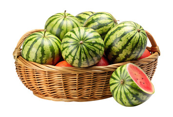Watermelons nestled in a woven basket on Transparent background PNG
