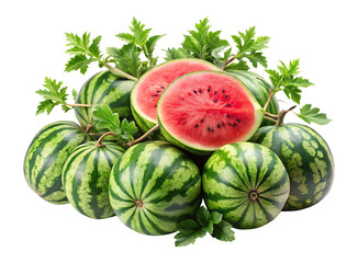 Watermelons with One Cut Open, Showing Juicy Red Flesh on Transparent background PNG