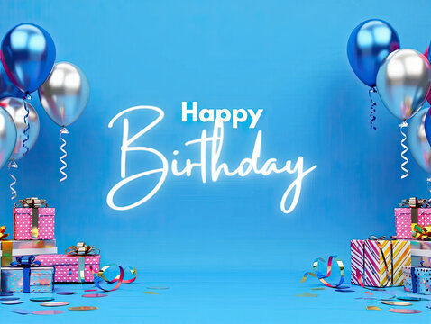 A festive flat-lay or stylized setup focused on a boy’s birthday decor scene. Centered in the background is a hanging garland with “Happy Birthday” in blocky, colorful letters made of felt, foam, or p