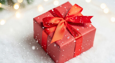 Festive Red Christmas Gift Box with Elegant Ribbon on Snowy Background with Glowing Lights Holiday Season Celebration