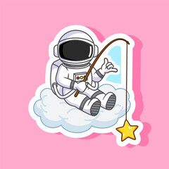 Sticker of Astronaut Fishing for a Star on a Cloud Vector Illustration Cartoon Design