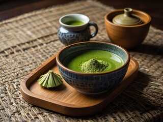 Traditional Japanese matcha tea ceremony setup with a bamboo whisk, ceramic bowl of vibrant green matcha, and tea leaves on a wooden tray, soft natural light, ultra-realistic