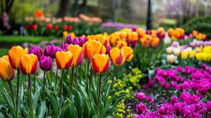 Colorful tulips in a vibrant garden during springtime season are blooming