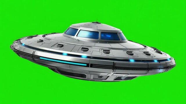 A futuristic UFO hovering over a green screen, symbolizing sci-fi, advanced technology, and visual effects. Ideal for sci-fi or media themes.