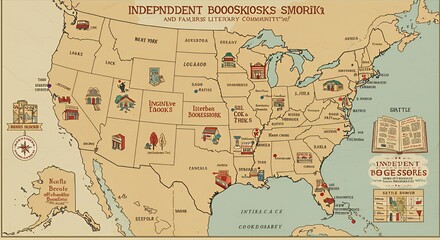 Fototapeta premium Whimsical Literary Map of Independent Bookstores Across America