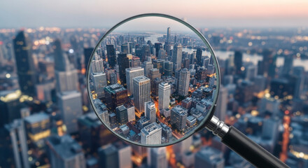 Magnifying Glass View of a Dense Urban Cityscape at Dusk with Illuminated Buildings and Soft Evening Lighting