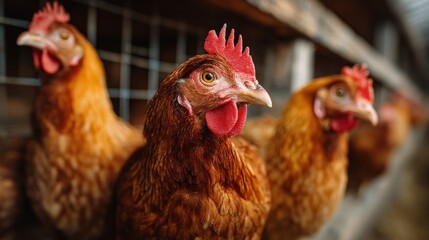 Fototapeta premium Close-up of curious, brown chickens in a row, looking out from a coop
