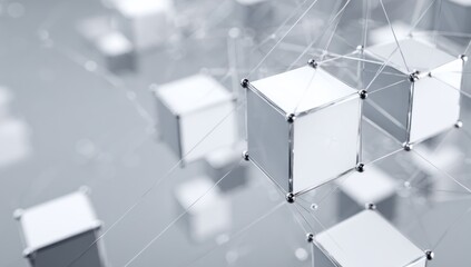 Fototapeta premium Abstract white background with cubes connected by wire, forming a geometric structure. White and gray color scheme for a clean look.