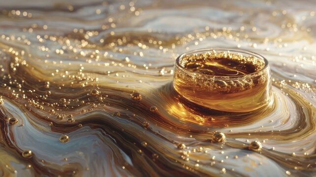 Golden elixir in a glass set amidst a captivating swirling abstract background