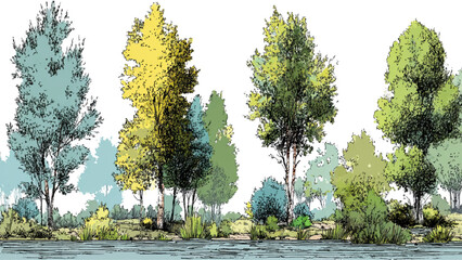 Minimal style cad tree line, Side view, set of graphics trees Minimal style cad tree line, Side view, of graphics trees tree sketches, silhouette tree vector element