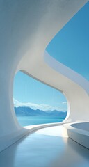 Fototapeta premium White curved ceiling, white floor, sky blue background wall, distant view of the sea and mountains outside the window, futuristic-style architecture.