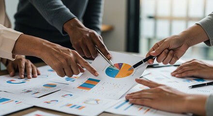 Macro shot of diverse hands collaborating over business charts during a meeting. Perfect for teamwork, planning, and office concept.

