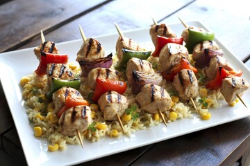 A photograph of five grilled chicken kabobs