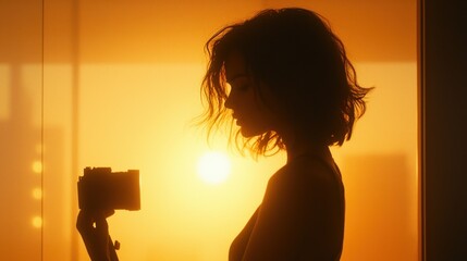 A silhouette of a woman holding a camera at sunset