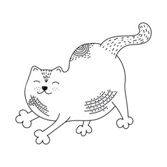The cat stretches. Cute silhouette of a cat. Ethnic motives. Hand-drawn drawings