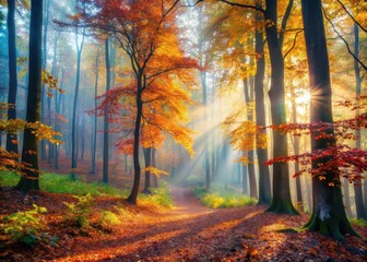 Misty morning in the autumn forest with colorful leaves and sunlight filtering through the trees