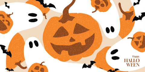 Happy Halloween holiday banner. Flat vector illustration with hand-drawn pumpkins, ghosts, bats. Cartoon Halloween gift card. Trendy banner for decoration cover, poster, card, social media, event.