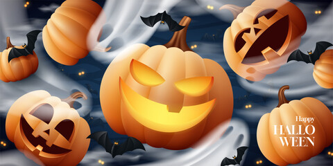 Happy Halloween holiday banner. Vector illustration with 3d pumpkins, ghosts, bats, clouds on dark blue background. Holiday card for decoration cover, banner, branding,  social media, event.