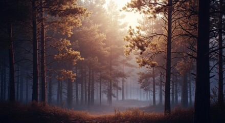 Misty Forest Morning Sunlight Through Pine Trees Pathway Landscape