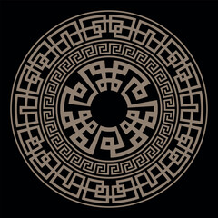 Greek gold round pattern on white background. Decorative round frame. Abstract vector geometric ornament. Golden Greek key meanders. Vector illustration. Classic egyptian, assyrian, greek motives