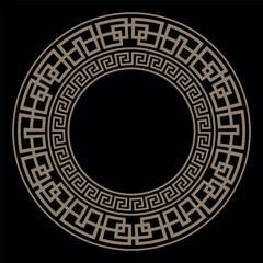 Decorative gold round frame for design with Greek key, meander. Egyptian, Assyrian, Greek motif circular frame. Circle frame. Template for textiles, engraving, forging, embroidery, porcelain
