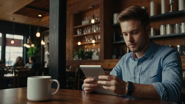 Man using tablet device at a cafe table with a mug and shelves with items in the background view