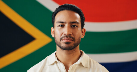 Man, portrait and flag of South Africa with pride, confidence or country representative. Local,...