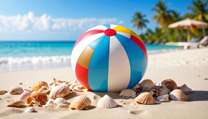 Obraz premium A colorful beach ball rests on a sandy beach amidst seashells, near a turquoise ocean under a vibrant sky; palm trees and a beach umbrella are visible in the background