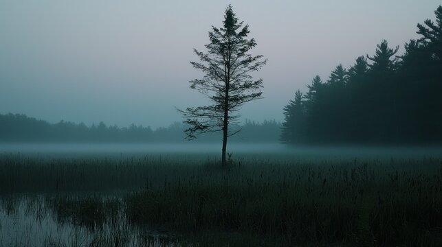 A solitary tree stands in a field covered in fog