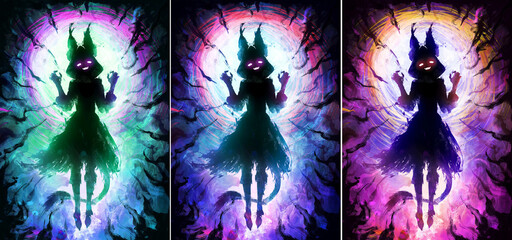 Silhouette with a cat girl. She is a ghost and a witch, hovering in the air, smiling and waving her claws. Waves of terror emanate from her. It also looks like a jerboa. Anime style 2d cartoon art.