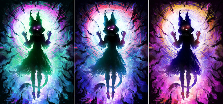 Silhouette with a cat girl. She is a ghost and a witch, hovering in the air, smiling and waving her claws. Waves of terror emanate from her. It also looks like a jerboa. Anime style 2d cartoon art.