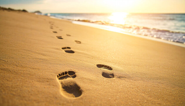 Sunset beach scene with a set of footprints leading towards a sunlit ocean - Powered by Adobe
